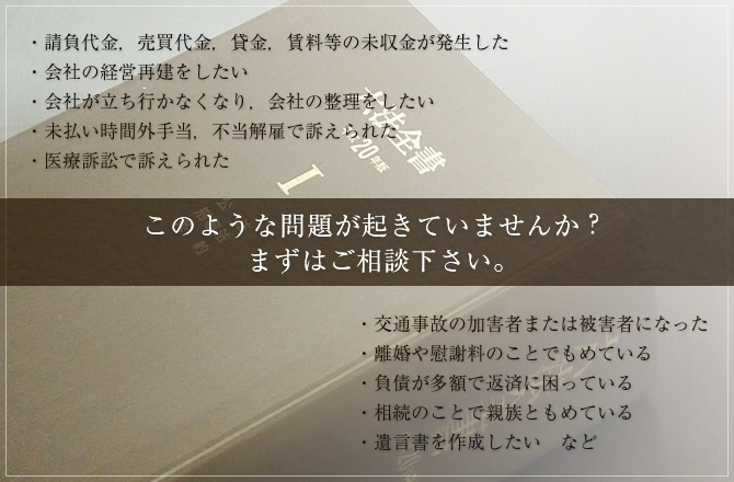 「請負代金，売買代金，貸金，賃料等の未収金が発生した・会社の経営再建をしたい・会社が立ち行かなくなり，会社の整理をしたい・未払い時間外手当，不当解雇で訴えられた・医療訴訟で訴えられた・交通事故の加害者または被害者になった・離婚や慰謝料のことでもめている・負債が多額で返済に困っている・相続のことで親族ともめている・遺言書を作成したい など」このような問題がおきていませんか？ひとりで悩まずに，まずはご相談下さい。